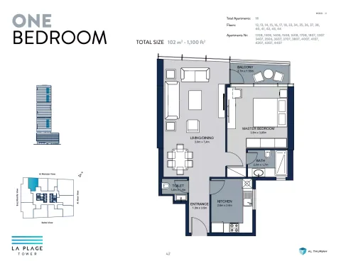 Floor plan, 1 Bed, 1,055 sq ft