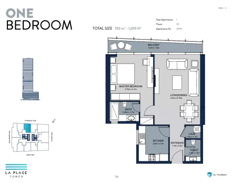 Floor plan, 1 Bed, 1,100 sq ft