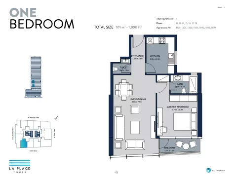 Floor plan, 1 Bed, 1,090 sq ft
