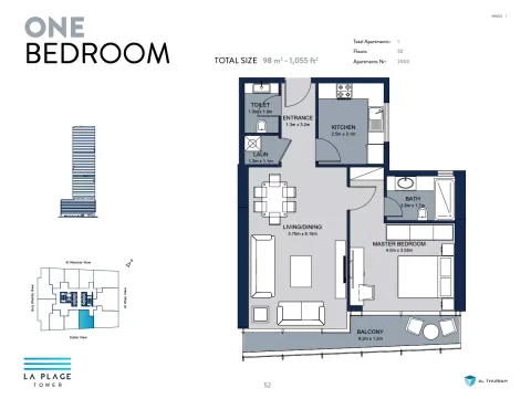 Floor plan, 1 Bed, 1,055 sq ft