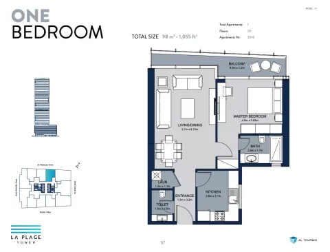 Floor plan, 1 Bed, 1,055 sq ft