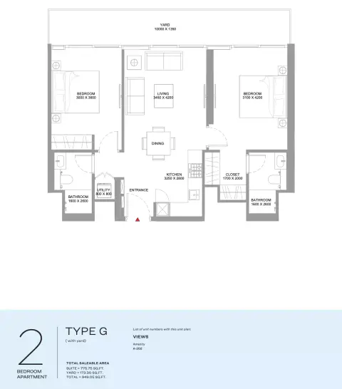 Floor plan, 2 Beds, 949 sq ft