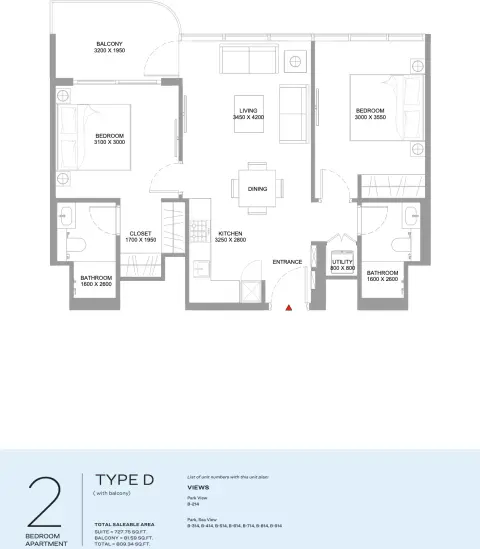 Floor plan, 2 Beds, 809 sq ft