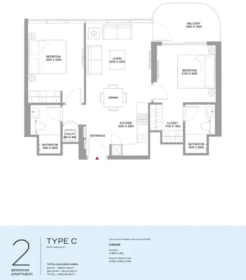 Floor plan, 2 Beds, 808 sq ft