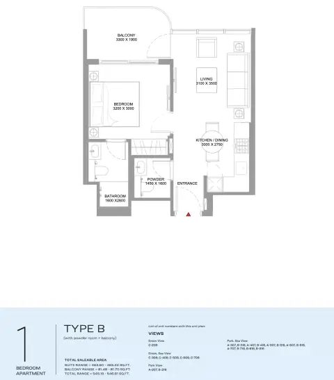 Floor plan, 1 Bed, 545 sq ft