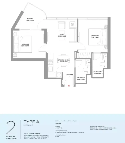 Floor plan, 2 Beds, 706 sq ft
