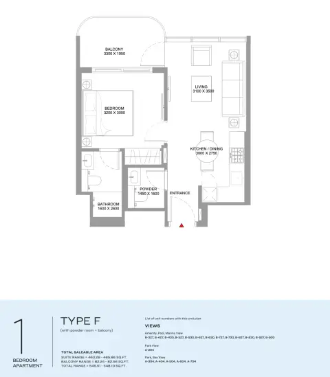 Floor plan, 1 Bed, 545 sq ft