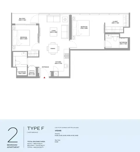 Floor plan, 2 Beds, 840 sq ft