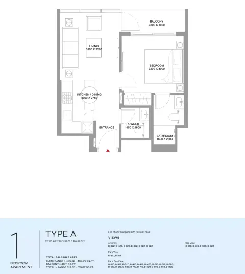 Floor plan, 1 Bed, 513 sq ft