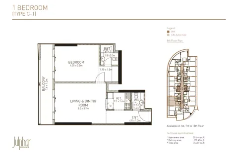 Floor plan, 1 Bed, 744 sq ft