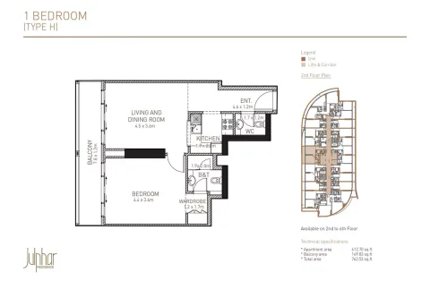Floor plan, 1 Bed, 762 sq ft