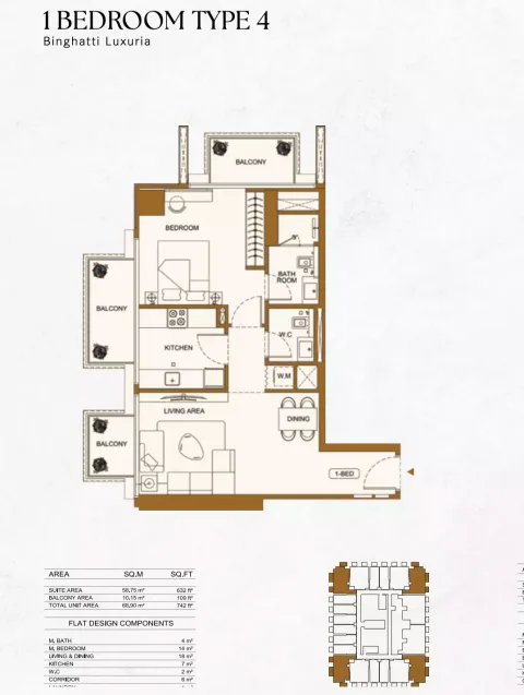 Floor plan, 1 Bed, 742 sq ft