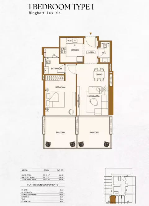 Floor plan, 1 Bed, 838 sq ft