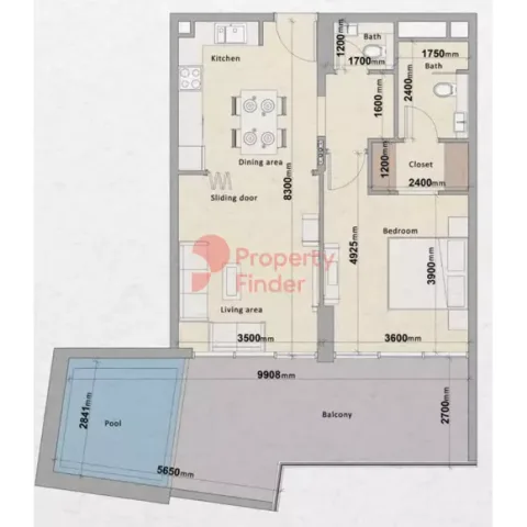 Floor plan, 1 Bed, 1,001 sq ft