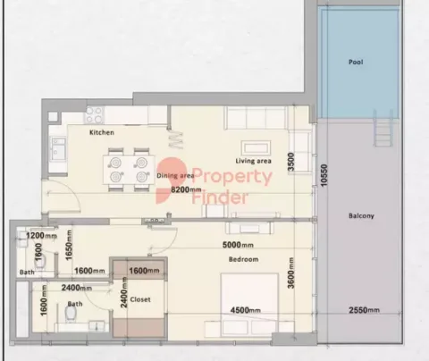 Floor plan, 1 Bed, 1,014 sq ft