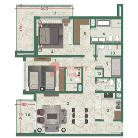 Floor plan, 2 Beds, 1,400 sq ft