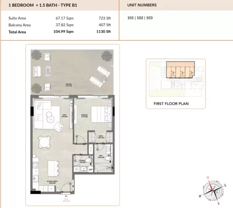 Floor plan, 1 Bed, 1,130 sq ft