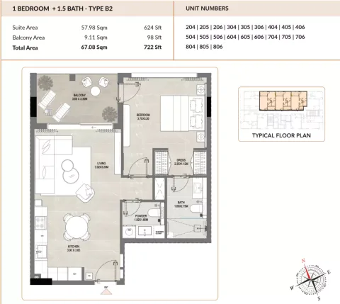 Floor plan, 1 Bed, 722 sq ft