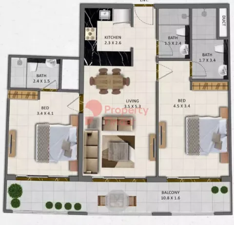Floor plan, 2 Beds, 1,051 sq ft