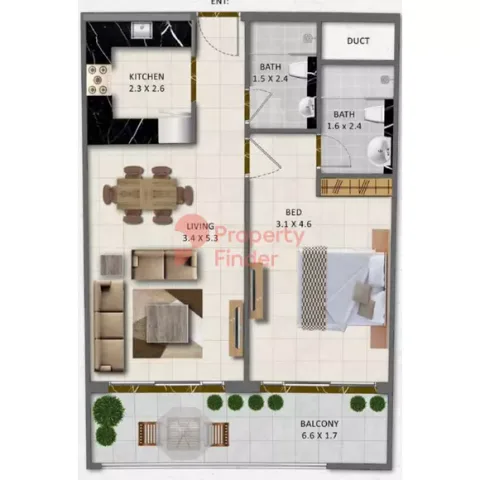 Floor plan, 1 Bed, 742 sq ft