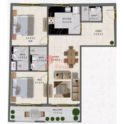 Floor plan, 2 Beds, 1,058 sq ft