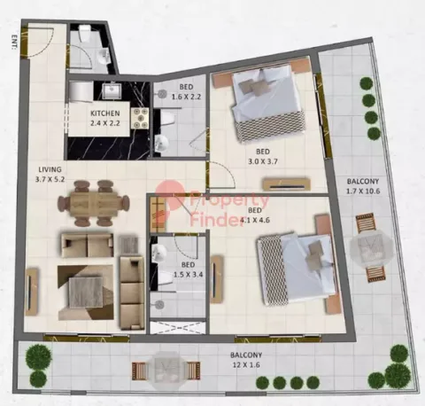 Floor plan, 2 Beds, 1,258 sq ft