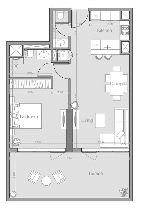 Floor plan, 1 Bed, 893 sq ft