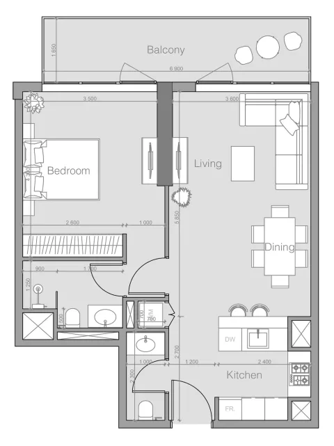 Floor plan, 1 Bed, 774 sq ft