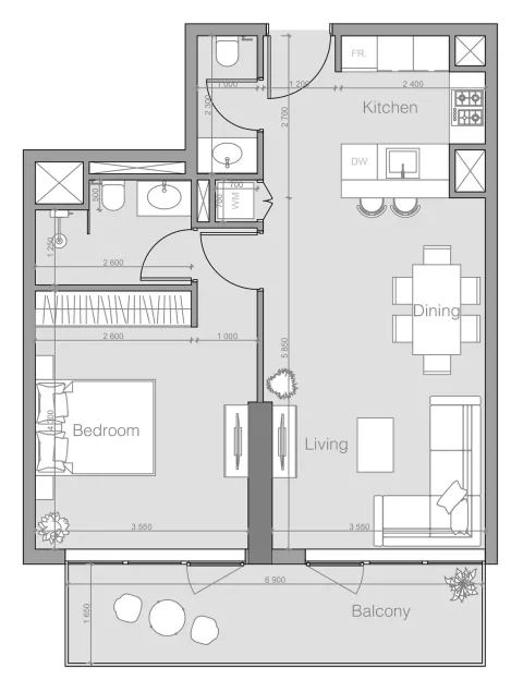 Floor plan, 1 Bed, 772 sq ft