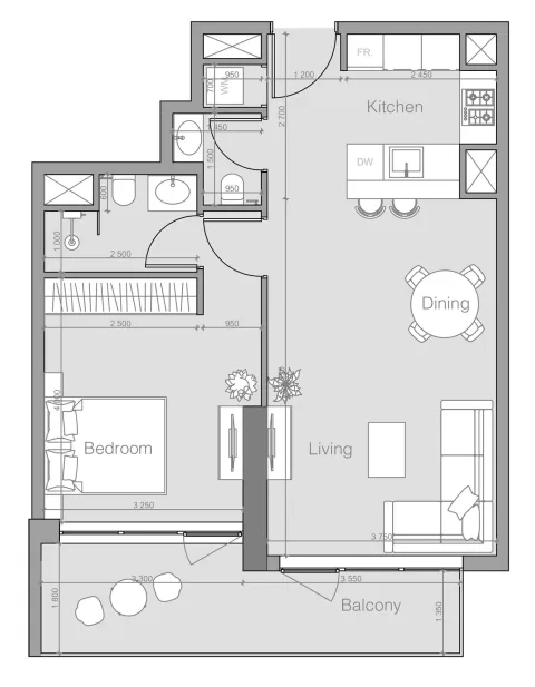 Floor plan, 1 Bed, 747 sq ft