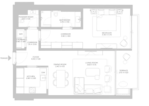 Floor plan, 1 Bed, 1,009 sq ft