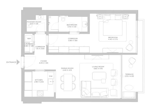 Floor plan, 1 Bed, 1,001 sq ft
