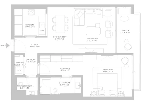 Floor plan, 1 Bed, 1,001 sq ft