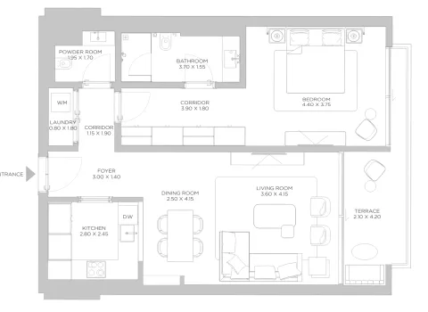 Floor plan, 1 Bed, 998 sq ft
