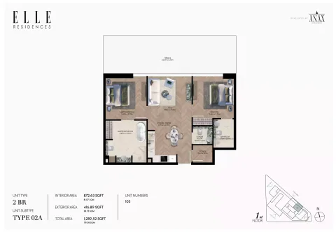 Floor plan, 2 Beds, 1,289 sq ft