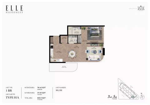 Floor plan, 1 Bed, 838 sq ft
