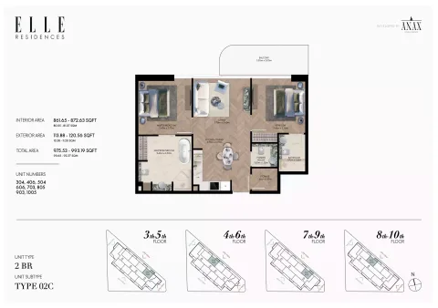 Floor plan, 2 Beds, 975 sq ft