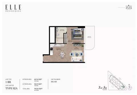 Floor plan, 1 Bed, 705 sq ft