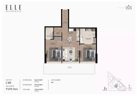 Floor plan, 2 Beds, 1,220 sq ft