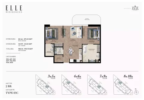 Floor plan, 2 Beds, 982 sq ft