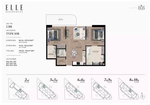 Floor plan, 2 Beds, 975 sq ft