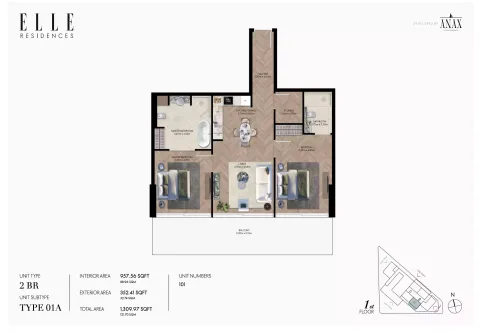 Floor plan, 2 Beds, 1,309 sq ft