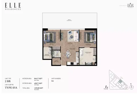Floor plan, 2 Beds, 1,274 sq ft