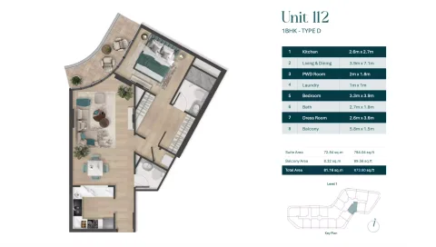 Floor plan, 1 Bed, 874 sq ft