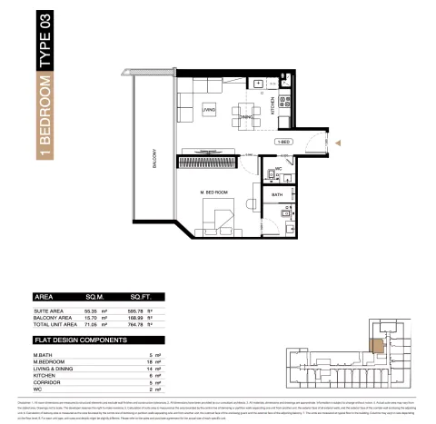 Floor plan, 1 Bed, 764 sq ft