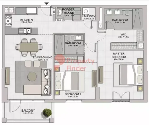 Floor plan, 2 Beds, 1,203 sq ft