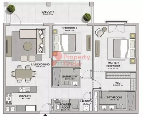 Floor plan, 2 Beds, 1,290 sq ft