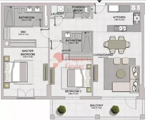 Floor plan, 2 Beds, 1,273 sq ft