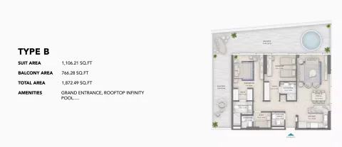 Floor plan, 2 Beds, 1,106 sq ft