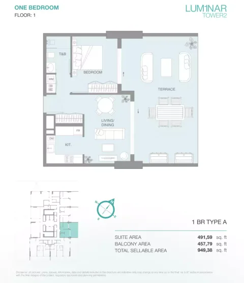 Floor plan, 1 Bed, 949 sq ft